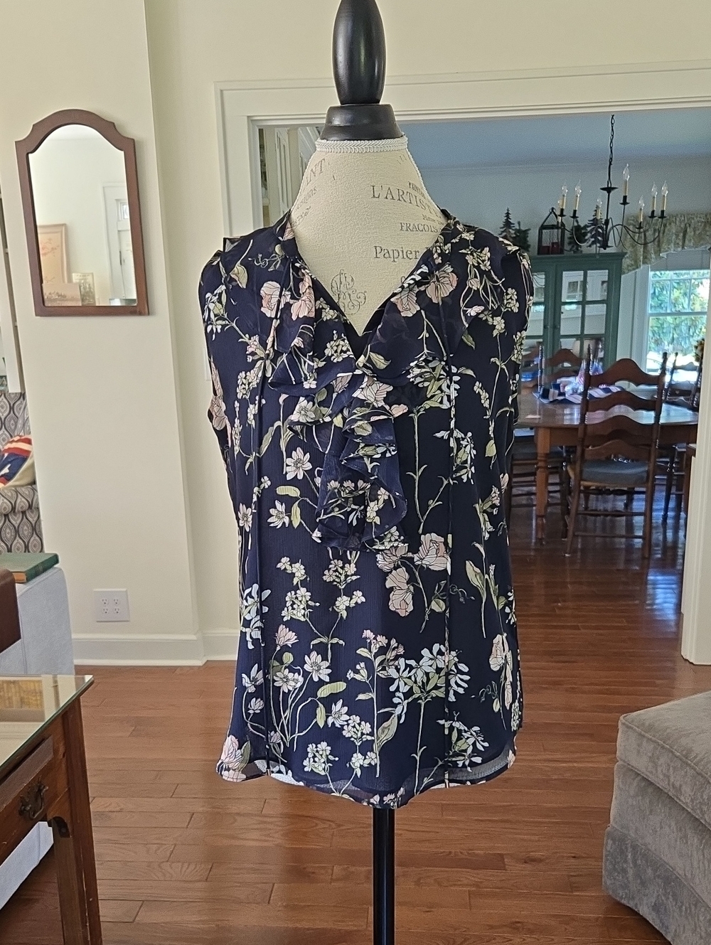 Tommy Hilfiger Navy Floral Ruffle-Front Sleeveless Blouse